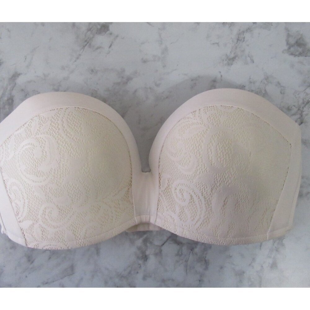 Delimira Bra‎ 36D Cream Lace Strapless Push Up Wireless Wire Free